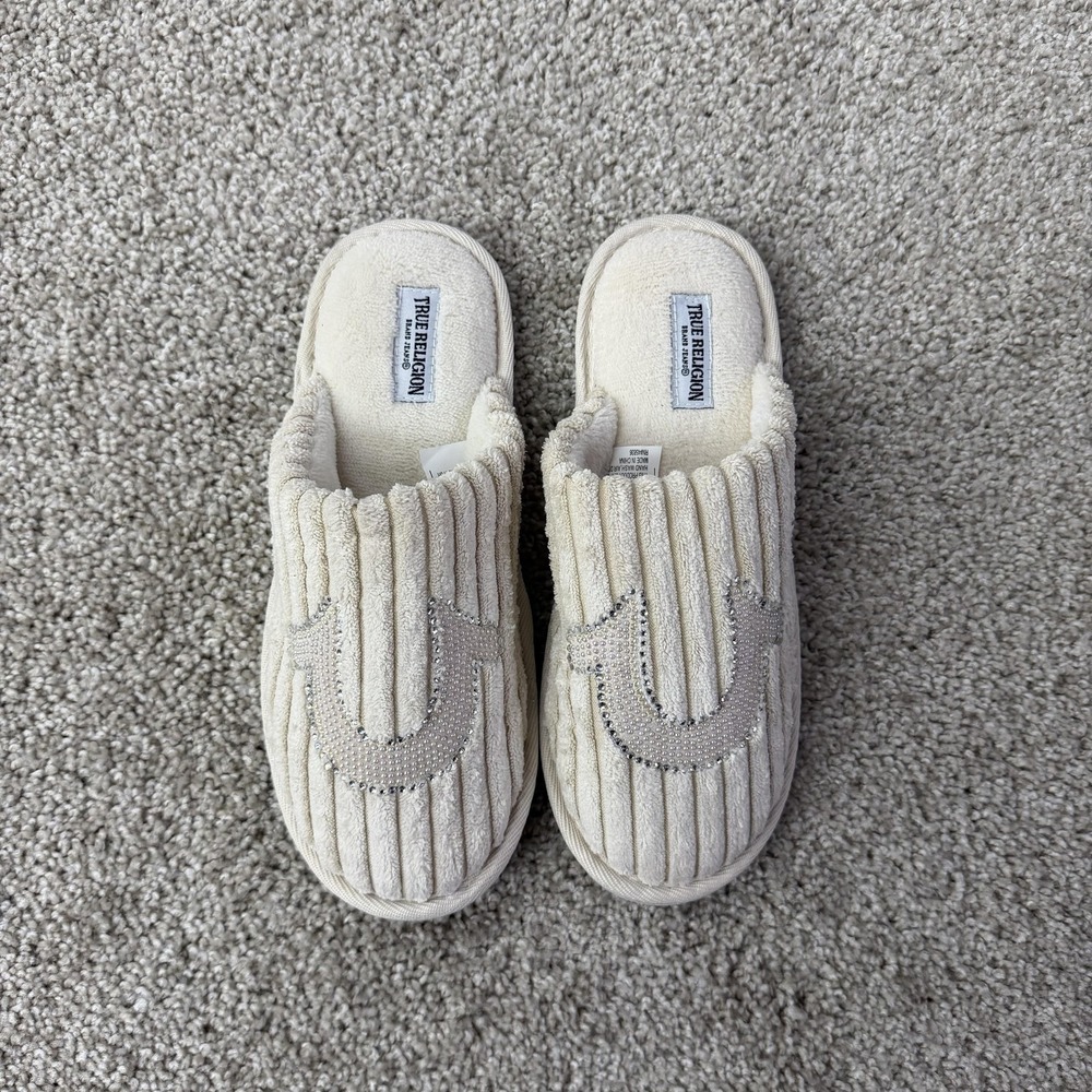 True Religion Slippers Womens Size 8.5 White Velour Mule Rhinestone Logo Slide